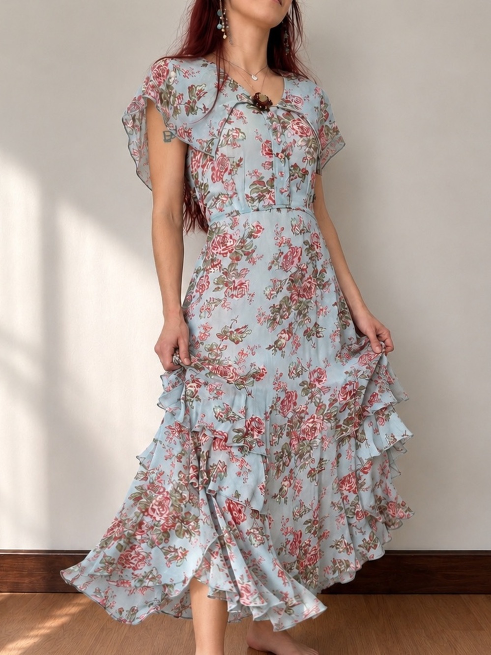 Floral V-Neck Maxi Dress in Light Blue with Pink Roses